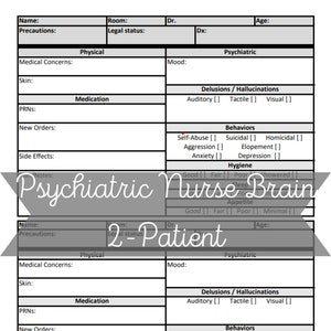 Behavioral Health report sheet 2 patient Psych Nurse Report sheet Nurse Brain printable pages for psychiatric RN