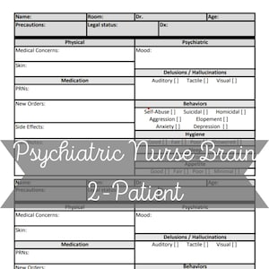 Behavioral Health report sheet 2 patient Psych Nurse Report sheet Nurse Brain printable pages for psychiatric RN