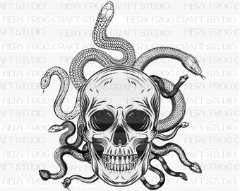 Schlange und Schädel Tattoo Design PNG, Medusa Skeleton Linework (Digitaler Download)