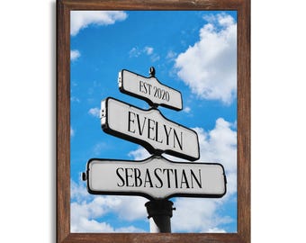 Road Crossing Personalized Sign Poster, Couple Names & Special Date with Blue Clouds, Valentines Day
