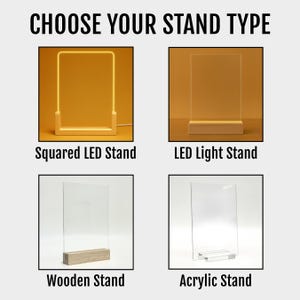 May include: A grid of four display stands with the text CHOOSE YOUR STAND TYPE. The options include a Squared LED Stand with a glowing border, an LED Light Stand, a Wooden Stand with a clear panel, and an Acrylic Stand with a clear base.