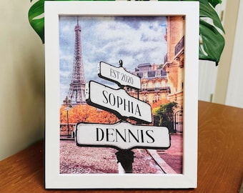 Personalized Couple Love Sign Poster Print – Road Crossing Eiffel Tower, Framed with Wooden Frame, Valentines Day