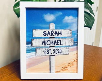 Road Crossing Beach Sign Poster - Poster Print with Couple Names and Special Date, Valentines Day