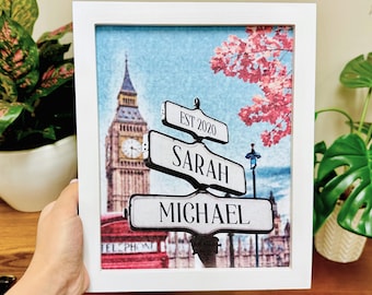 Big Ben Road Crossing Love Sign Framed Poster Print – Personalized with Couple Names & Special Date, Valentines Day