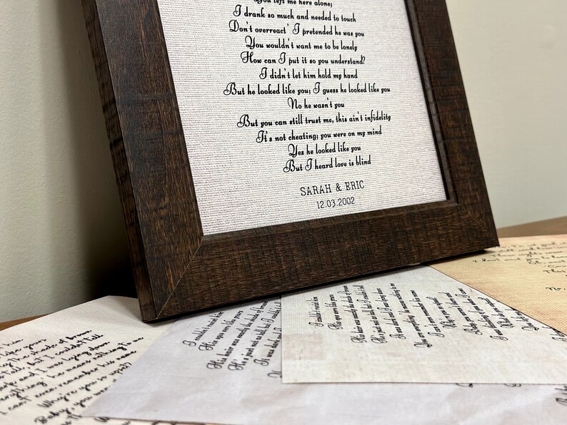 Custom Song Lyric Print, First Dance Song Lyrics Paper, Personalized Music Song Lyric, Anniversary Gift, Custom Memorial Gift Dark Wooden Frame