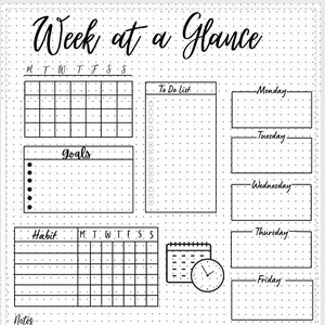 Week at a Glance, Weekly Planner,Weekly  Goals,Happy planner,Week Overview, Bullet Journal,Bullet Planner,Desk planner,Weekly Schedule