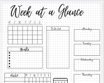Week at a Glance, Weekly Planner,Weekly  Goals,Happy planner,Week Overview, Bullet Journal,Bullet Planner,Desk planner,Weekly Schedule