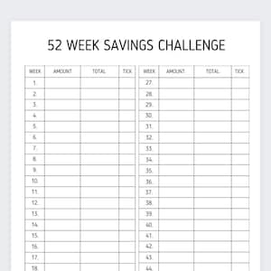 Op de afbeelding: Een printbare 52-weken spaaruitdaging tracker. De tracker is verdeeld in twee kolommen, elk met 26 rijen. Elke rij heeft ruimte voor het weeknummer, het gespaarde bedrag, het totale gespaarde bedrag en een vinkje.