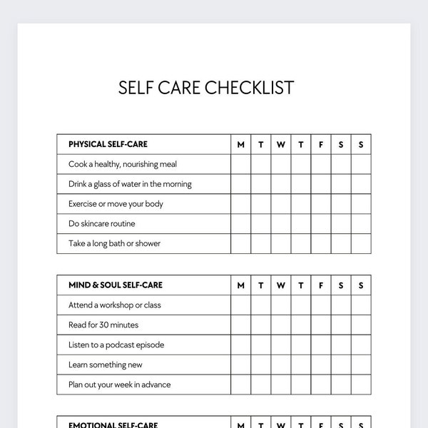 Self-Care Checklist,Self-care checklist printable,Daily self-care routine,Wellness planner template,Mental health tracker,Care checklist