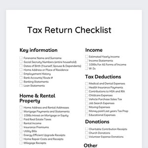 US Tax Return Checklist: Tax Prep Organizer (Digital Download)