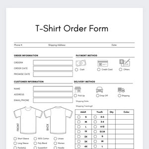 Tshirt Order Form,small Business Form,order Form,business Planner,order ...