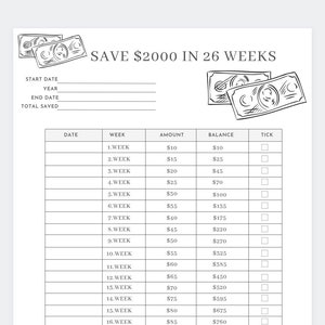 Save 2000 in 26 Weeks Money Challenge,Money Saving Challenge, Savings Challenge,Savings Tracker, MoneyChallenge,Savings Fund