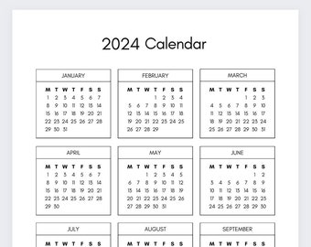 Calendario semplice 2024,Anno in sintesi,Calendario 2024 stampabile,Pianificatore annuale di una pagina Modello di calendario minimalista,Calendario annuale stampabile
