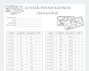 52 Week Pound Money Challenge,Savings binder,Savings Fund,Savings Challenge PDF,Finance,Savings Challenge,52 week Saving Challenge Printable