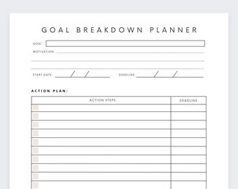 Goal Breakdown Planner,Resolutions,Organizer Pages,Goal Setting,Goal Tracker,Goal Planning Worksheet, Goal Journal, Goal Board, Goal Planner