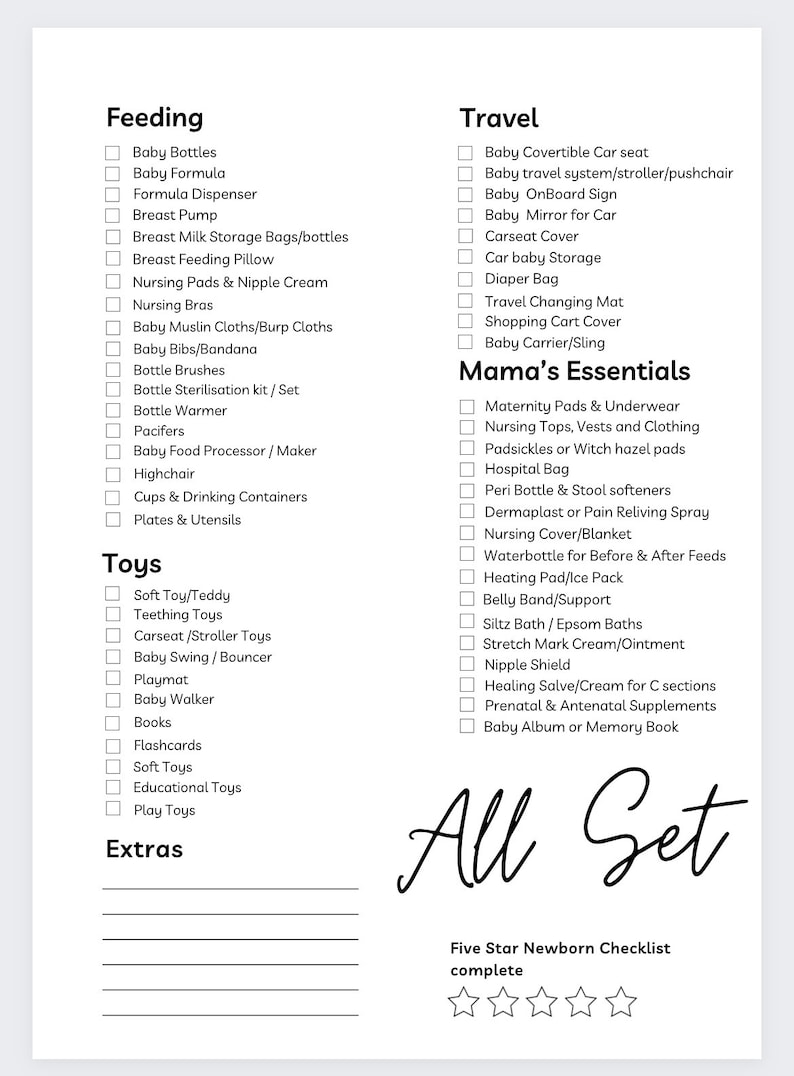 Puede incluir: Una lista de verificaci&oacute;n para padres primerizos con una lista de art&iacute;culos necesarios para la alimentaci&oacute;n, los viajes y los art&iacute;culos esenciales para el beb&eacute;. La lista de verificaci&oacute;n se titula "Five Star Newborn Checklist complete" y tiene cinco estrellas rellenas.