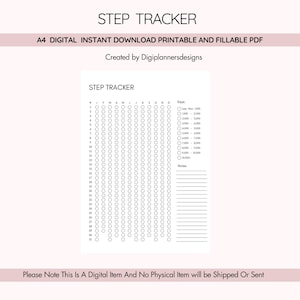 Op de afbeelding: Een afdrukbare stappenteller met de titel "STEP TRACKER". De A4 digitale download bevat een grafiek met cirkels voor het bijhouden van dagelijkse stappen, een sleutel voor stappenbereiken en ruimte voor notities. De tekst "Created by Digiplannersdesigns" is ook zichtbaar.