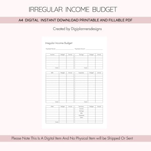 Könnte beinhalten: Ein weißes, druckbares PDF mit dem Titel "Unregelmäßiges Einkommensbudget". Das Dokument enthält Abschnitte für Einkommen, Ersparnisse, Rechnungen, Ausgaben und Schulden. Der Text oben lautet "A4 DIGITALER SOFORT-DOWNLOAD DRUCKBAR UND AUSFÜLLBAR PDF."