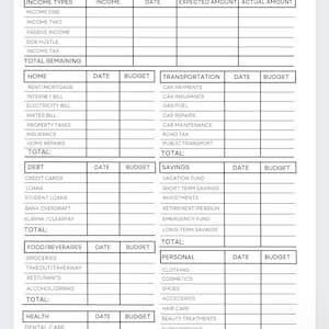 May include: A printable budget breakdown planner with categories for income, home, debt, savings, food and beverages, personal, and health. The planner includes sections for date, budget, and total.