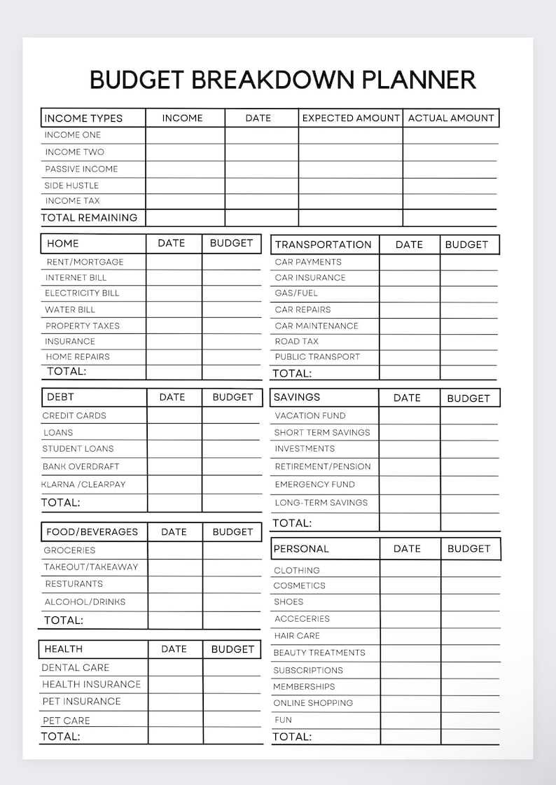 May include: A printable budget breakdown planner with categories for income, home, debt, savings, food and beverages, personal, and health. The planner includes sections for date, budget, and total.