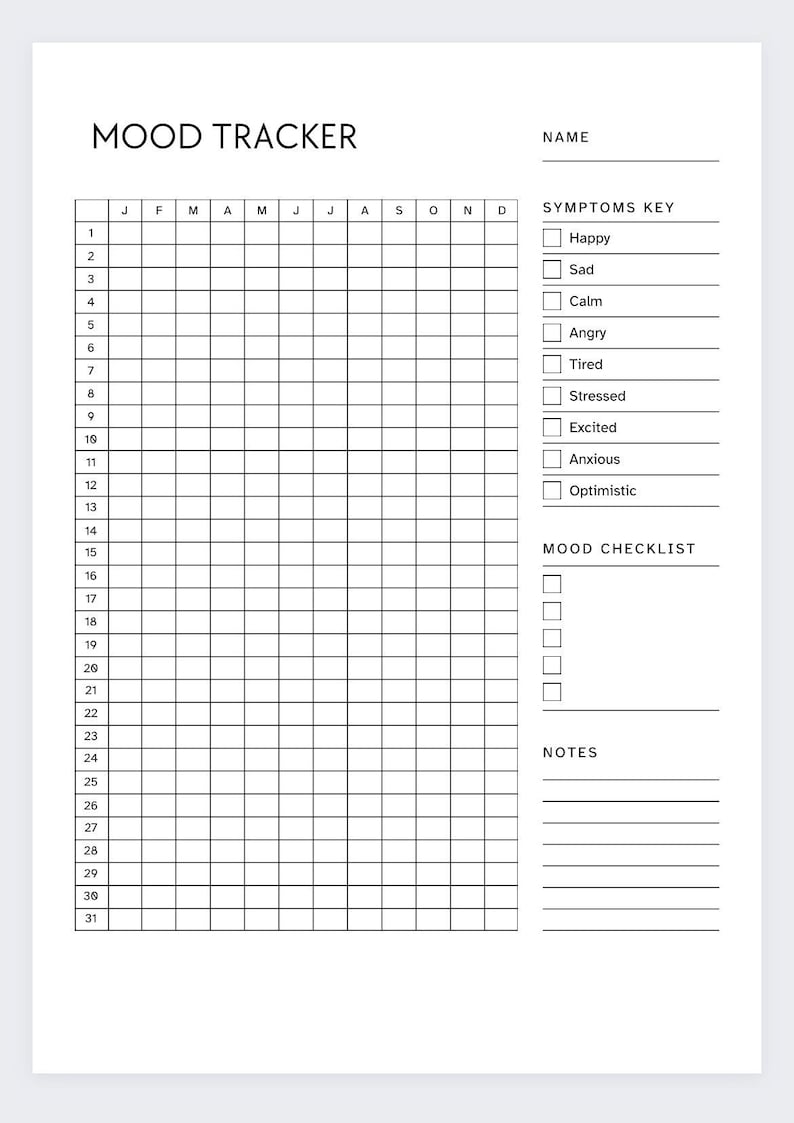May include: A black and white mood tracker printable with a grid for each day of the month and a checklist for symptoms and mood.