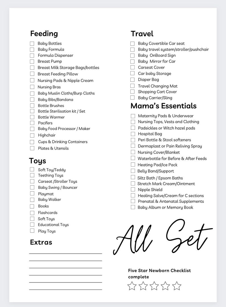 Puede incluir: Una lista de verificaci&oacute;n para padres primerizos con una lista de art&iacute;culos necesarios para la alimentaci&oacute;n, los viajes y los art&iacute;culos esenciales para el beb&eacute;. La lista de verificaci&oacute;n se titula "Five Star Newborn Checklist complete" y tiene cinco estrellas rellenas.