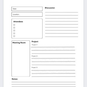 Pu&ograve; includere: Un modello di agenda di riunione in bianco e nero con sezioni per data, luogo, partecipanti, sala riunioni, progetto, discussione e note.