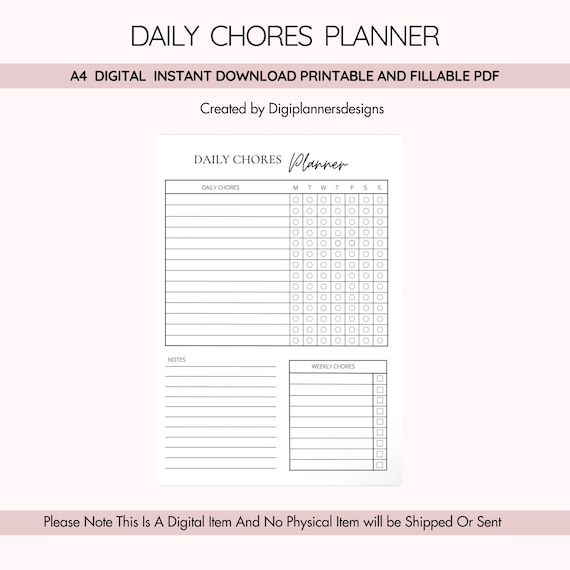 Daily Chores Planner, Daily Chore Checklist, Household Cleaning Planner, Home Organization Sheet, Family Task List, Routine Organizer, Daily