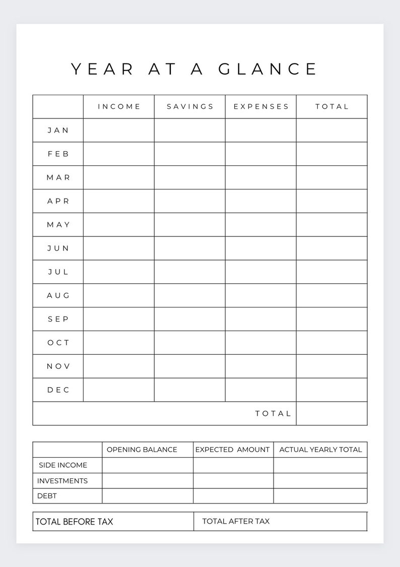 May include: A black and white printable budget tracker with the title "Year at a Glance". The tracker includes sections for income, savings, expenses, and total for each month of the year. It also includes sections for side income, investments, debt, total before tax, and total after tax.