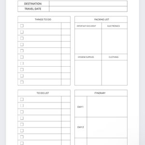 Pu&ograve; includere: Un elenco di controllo di viaggio stampabile con sezioni per la destinazione, la data di viaggio, le cose da fare, la lista di imballaggio, la lista di cose da fare e l'itinerario. L'elenco di controllo include categorie per documenti importanti, elettronica, articoli da toeletta e abbigliamento.