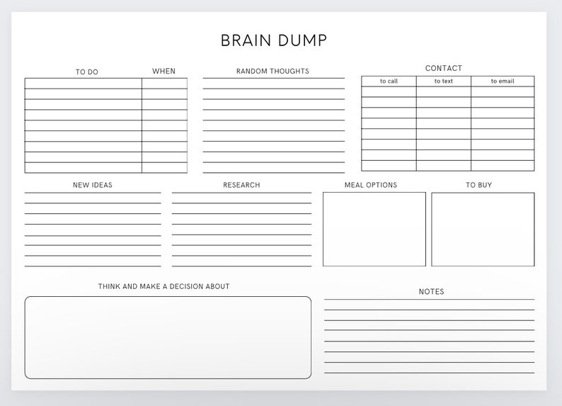Puede incluir: Un planificador de descarga cerebral imprimible con secciones para hacer, cu&aacute;ndo, pensamientos aleatorios, contacto, nuevas ideas, investigaci&oacute;n, opciones de comida, para comprar, pensar y tomar una decisi&oacute;n, y notas.