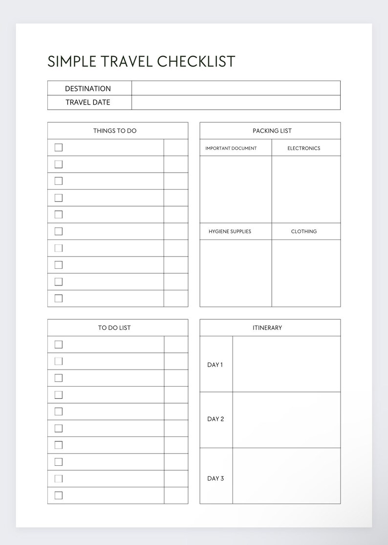 Pu&ograve; includere: Un elenco di controllo di viaggio stampabile con sezioni per la destinazione, la data di viaggio, le cose da fare, la lista di imballaggio, la lista di cose da fare e l'itinerario. L'elenco di controllo include categorie per documenti importanti, elettronica, articoli da toeletta e abbigliamento.