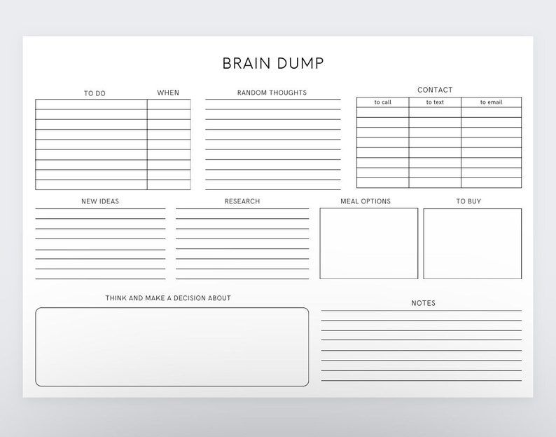 Puede incluir: Un planificador de descarga cerebral imprimible con secciones para hacer, cu&aacute;ndo, pensamientos aleatorios, contacto, nuevas ideas, investigaci&oacute;n, opciones de comida, para comprar, pensar y tomar una decisi&oacute;n, y notas.