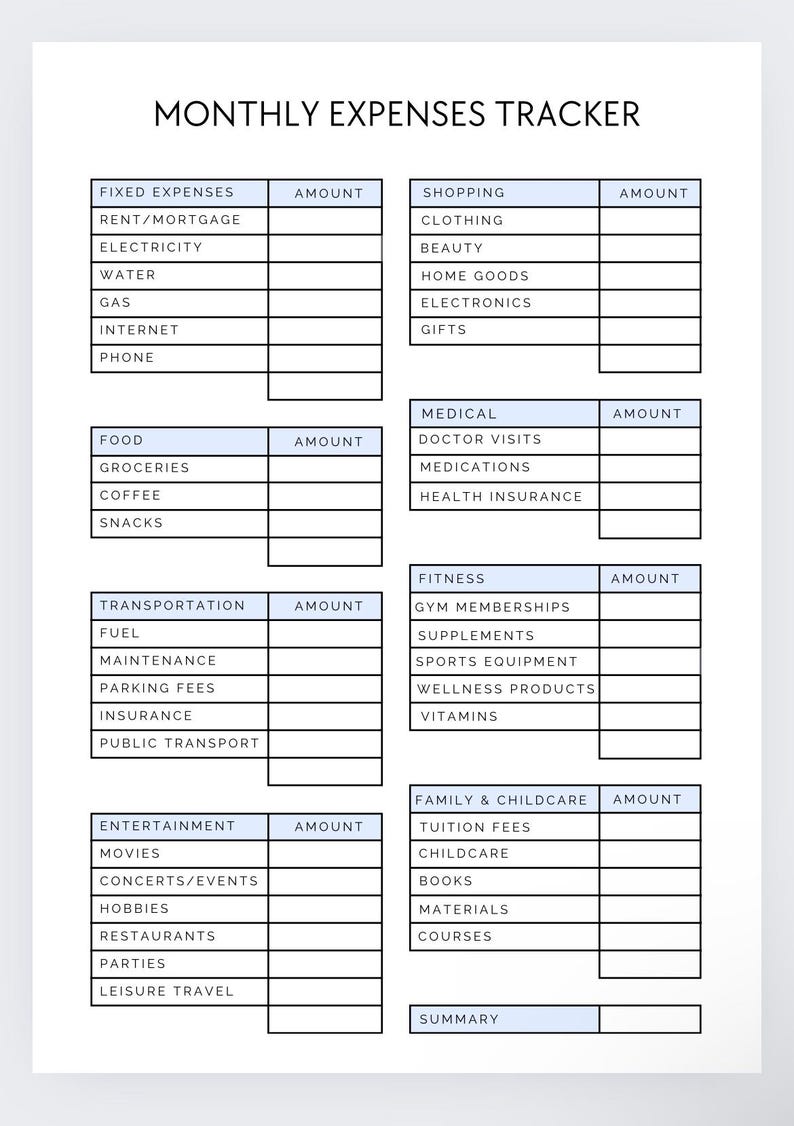 Baby Blue Monthly Expense Tracker, Monthly Budget Planner, Expense Log