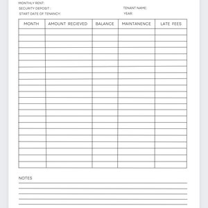 May include: A black and white printable rent payment ledger with columns for month, amount received, balance, maintenance, and late fees. There are spaces for notes at the bottom of the page.