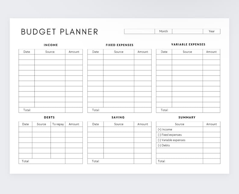May include: A printable budget planner worksheet with sections for income, fixed expenses, variable expenses, debts, savings, and a summary. The worksheet includes columns for date, source, amount, and total.