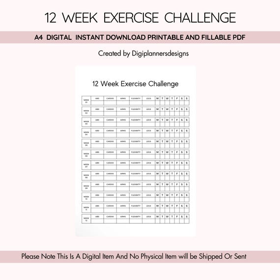 12 Week Exercise Challenge,Workout Tracker,Fitness log,workbook log template,Fitness Tracker,Weight Loss Tracker,Workout Printable
