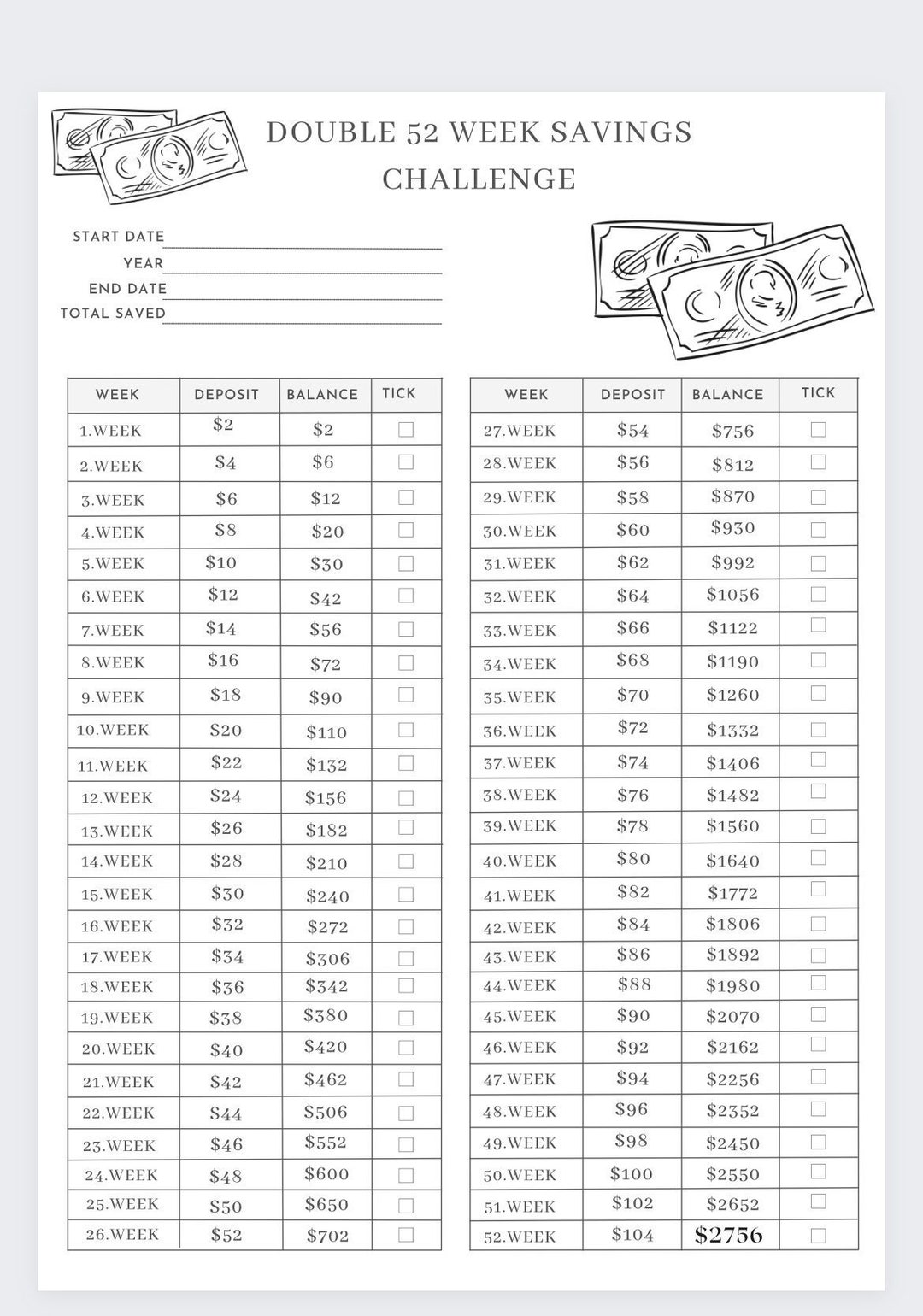 Double 52 Week Savings Challenge, Savings Binder,saving Fund,52 Week 