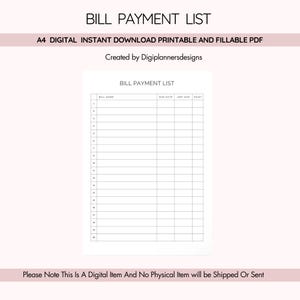 Bill Payment List, Monthly Bill Tracker, Payment Due Checklist, Expense Log, Budget Planner, Household Finance Organizer, Due Date Log Notes