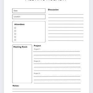 Pu&ograve; includere: Un modello di agenda di riunione in bianco e nero con sezioni per data, luogo, partecipanti, sala riunioni, progetto, discussione e note.