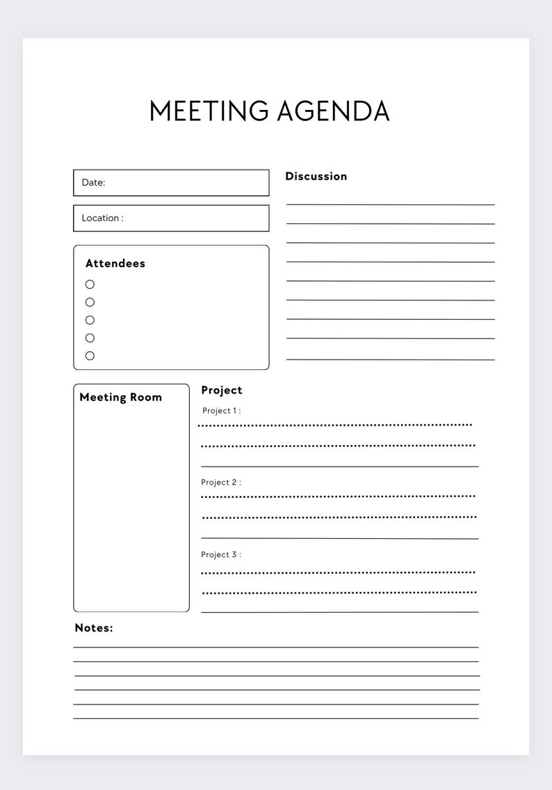 Pu&ograve; includere: Un modello di agenda di riunione in bianco e nero con sezioni per data, luogo, partecipanti, sala riunioni, progetto, discussione e note.