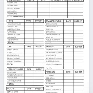 May include: A black and white printable budget breakdown planner with categories for income, home, debt, food and beverages, health, transportation, savings, and personal expenses. Each category has columns for date, budget, and total.