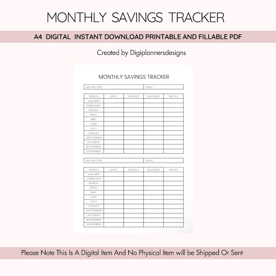 Monthly Savings Tracker Printable PDF, Money Saving Log, Budget Planner Sheet, Financial Goals Tracker, Personal Finance Tool