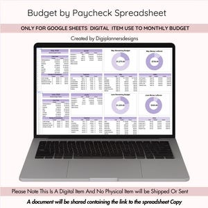 May include: A laptop displaying a digital budget spreadsheet. The screen shows financial data organized in tables and charts, with text that reads "Budget by Paycheck Spreadsheet." The spreadsheet is designed for Google Sheets and includes monthly budget details.