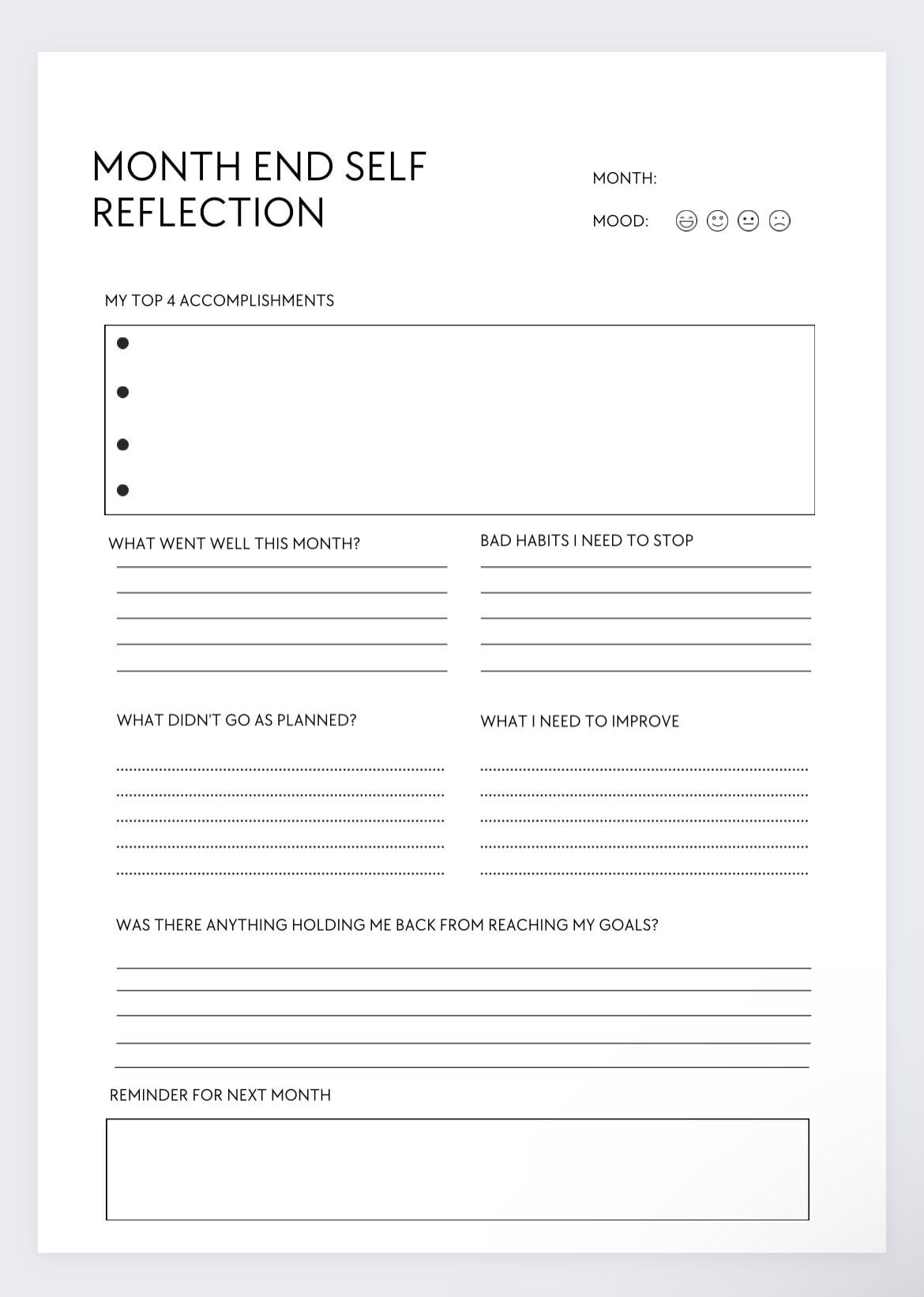 End of Month Self Reflection Planner, Month End Reflection Planner,self ...