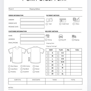 Tshirt Order Form,small Business Form,order Form,business Planner,order ...