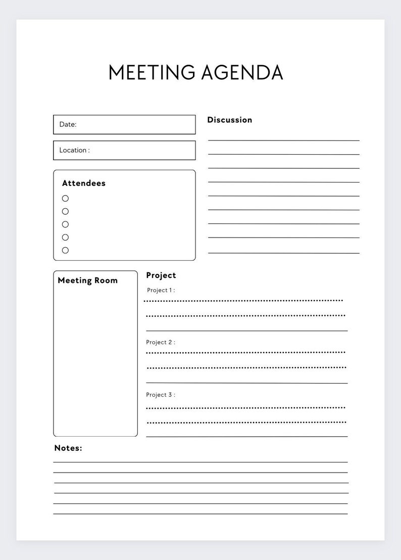 Pu&ograve; includere: Un modello di agenda di riunione in bianco e nero con sezioni per data, luogo, partecipanti, discussione, progetto, sala riunioni e note.