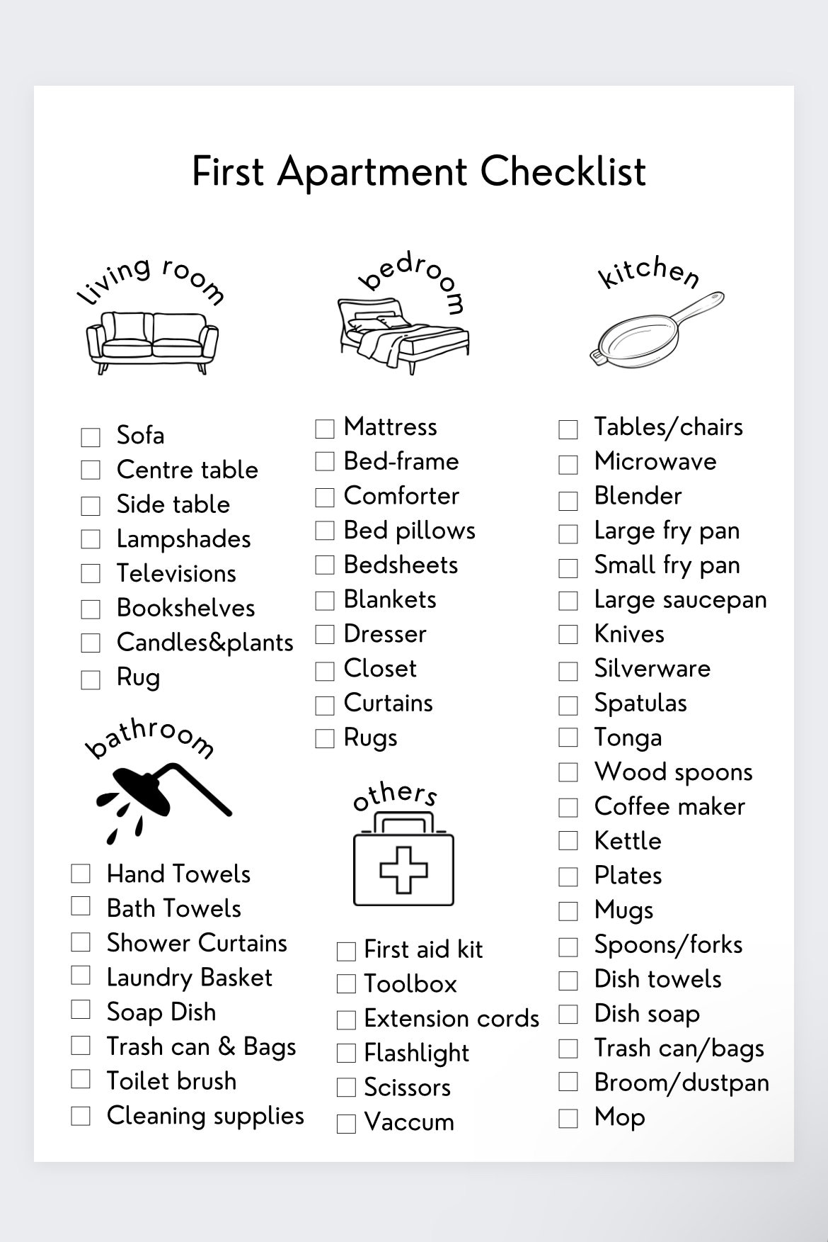 New Home Essentials Checklist. Room by Room Household Items