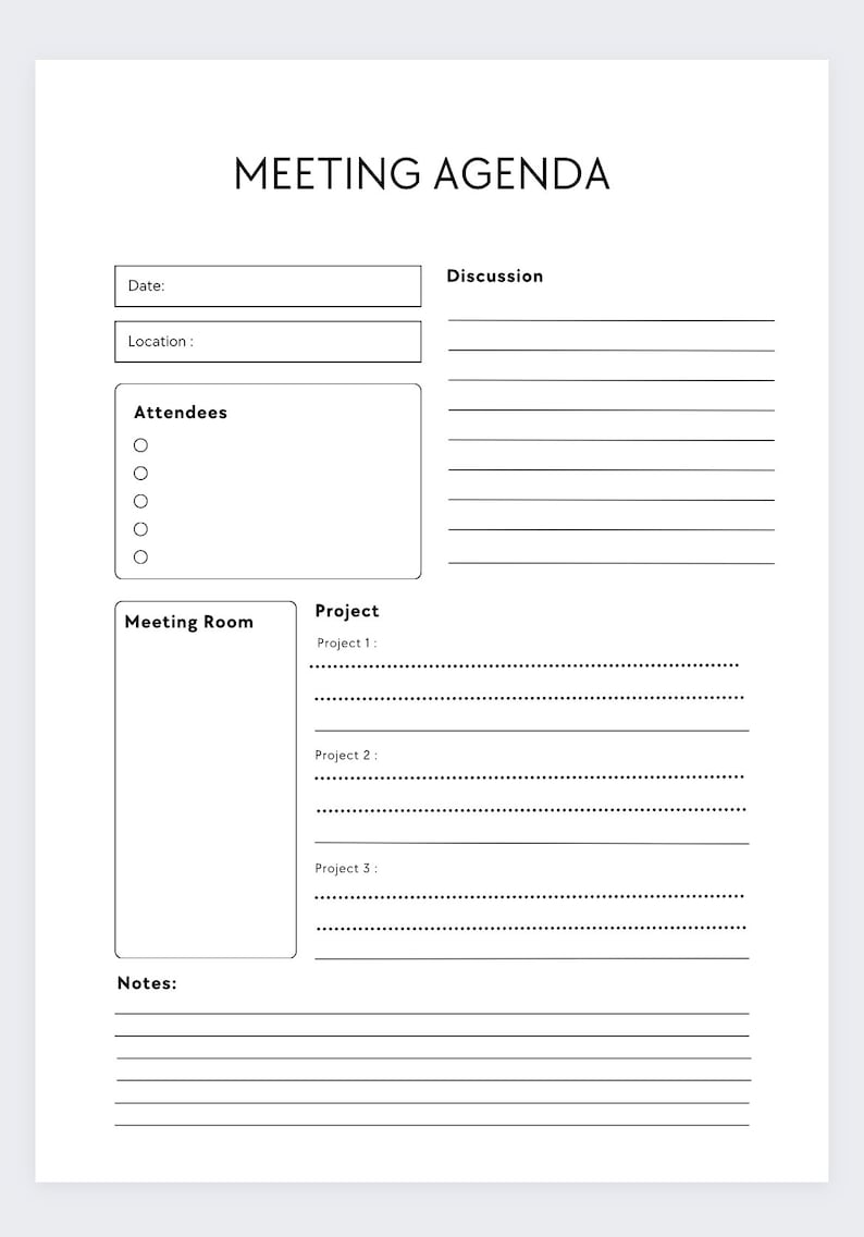Pu&ograve; includere: Un modello di agenda di riunione in bianco e nero con sezioni per data, luogo, partecipanti, sala riunioni, progetto, discussione e note.