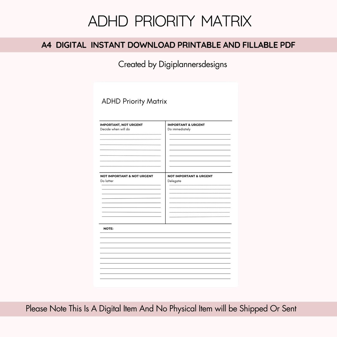 ADHD Priority Matrix,prioritization Planner,urgent Important Matrix ...